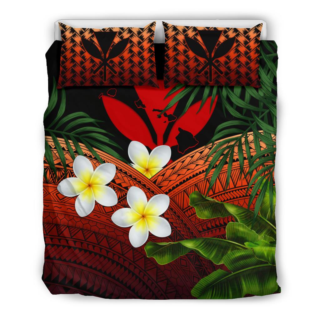 Kanaka Maoli (Hawaiian) Bedding Set, Polynesian Plumeria Banana Leaves Red Red - Polynesian Pride