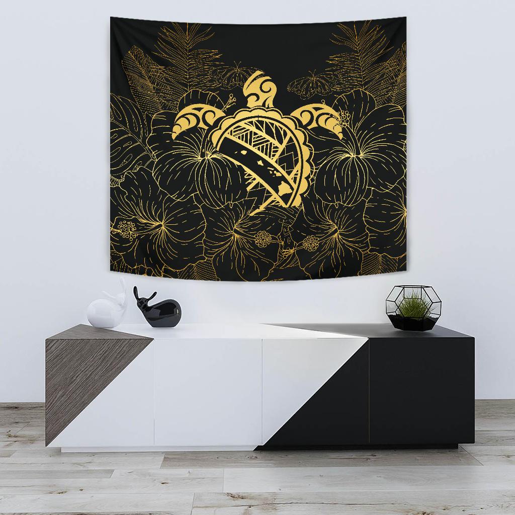 Hawaii Turtle Kanaka Golden Tapestry Wall Tapestry Small 60" x 51" Black - Polynesian Pride