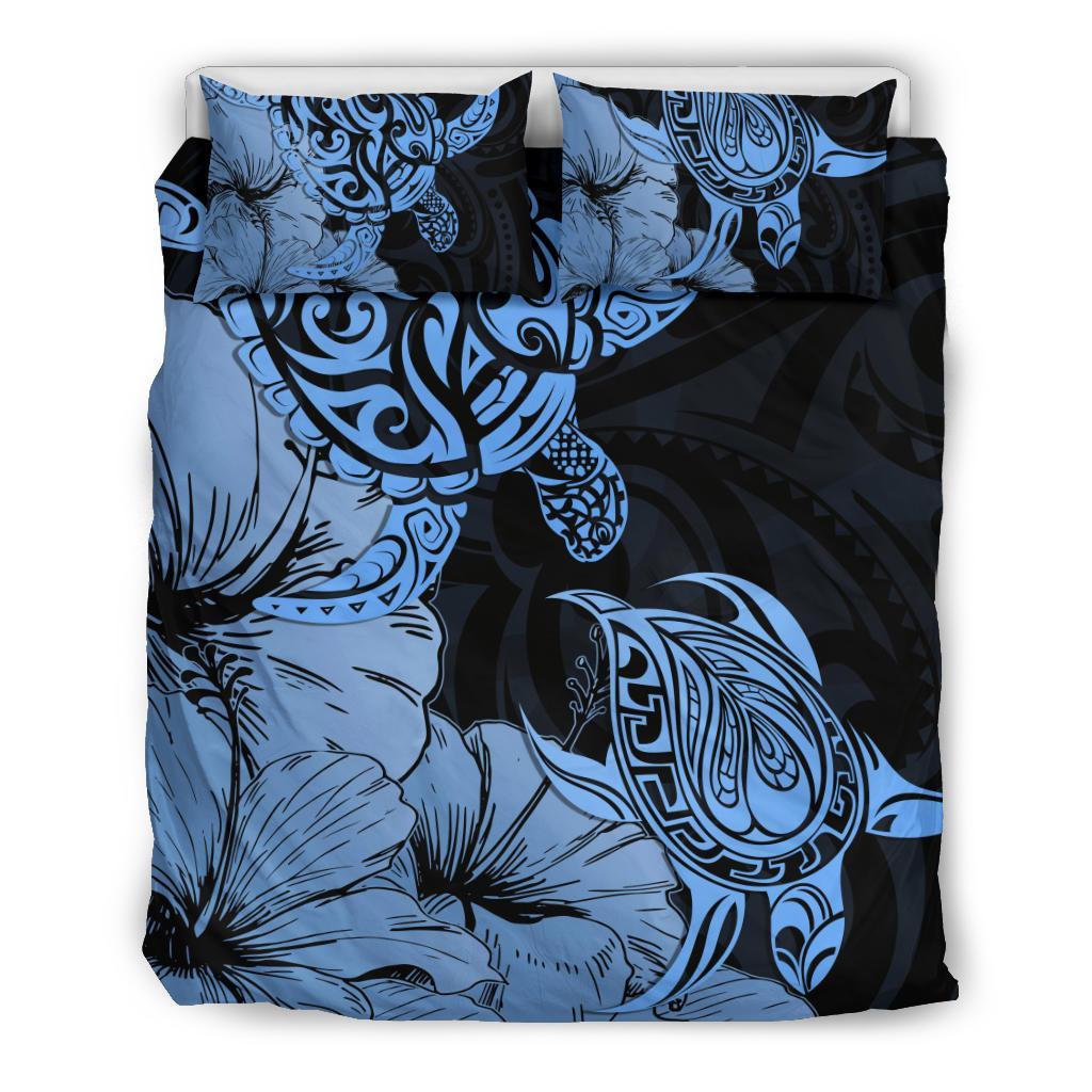 Hawaii Turtle Bedding Set Polynesian Hibiscus Art Gold Blue AH Blue - Polynesian Pride