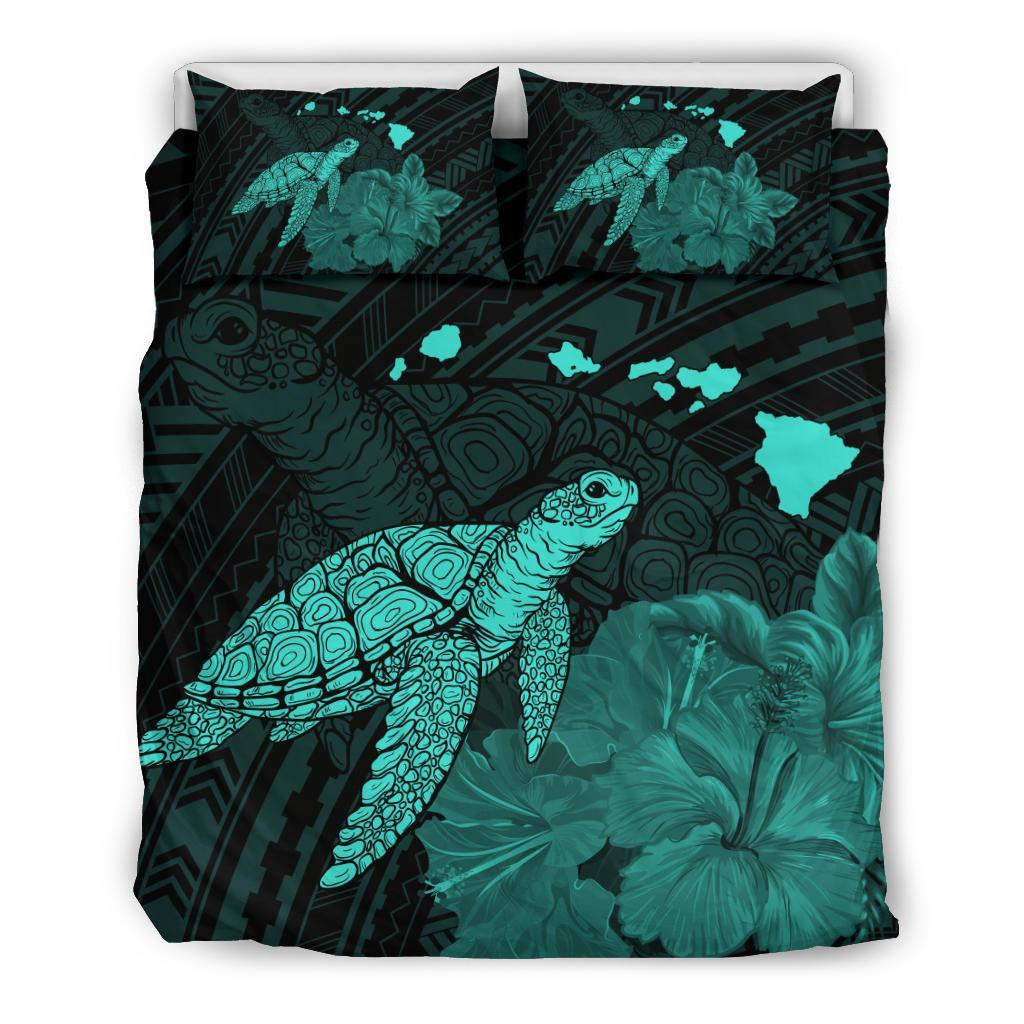 Hawaii Polynesian Hibiscus Turtle Map Bedding Set - AH - Turquoise Turquoise - Polynesian Pride