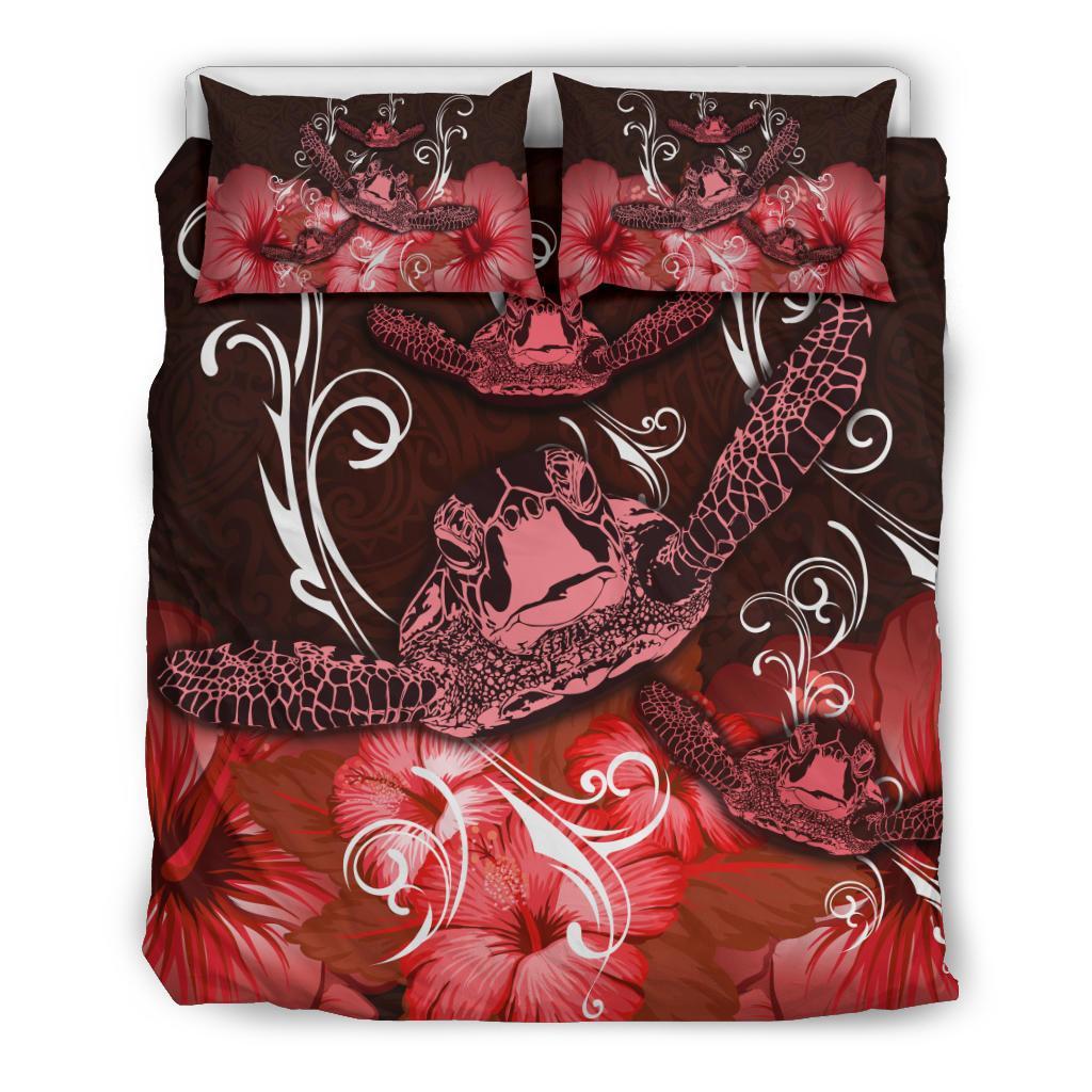 Hawaii Polynesian Turtle Waves Hibiscus Bedding Set - Erik Style - AH - Red Red - Polynesian Pride