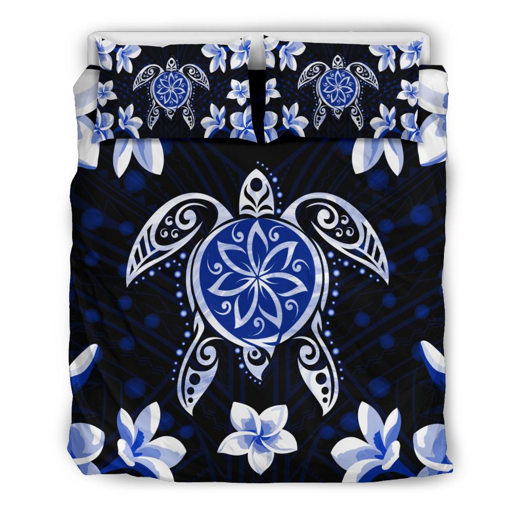 Hawaiian Icon Blue Turtle Plumeria Bedding Set Black - Polynesian Pride