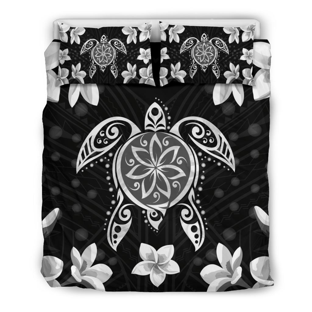 Hawaiian Silver Turtle Plumeria Bedding Set Black - Polynesian Pride