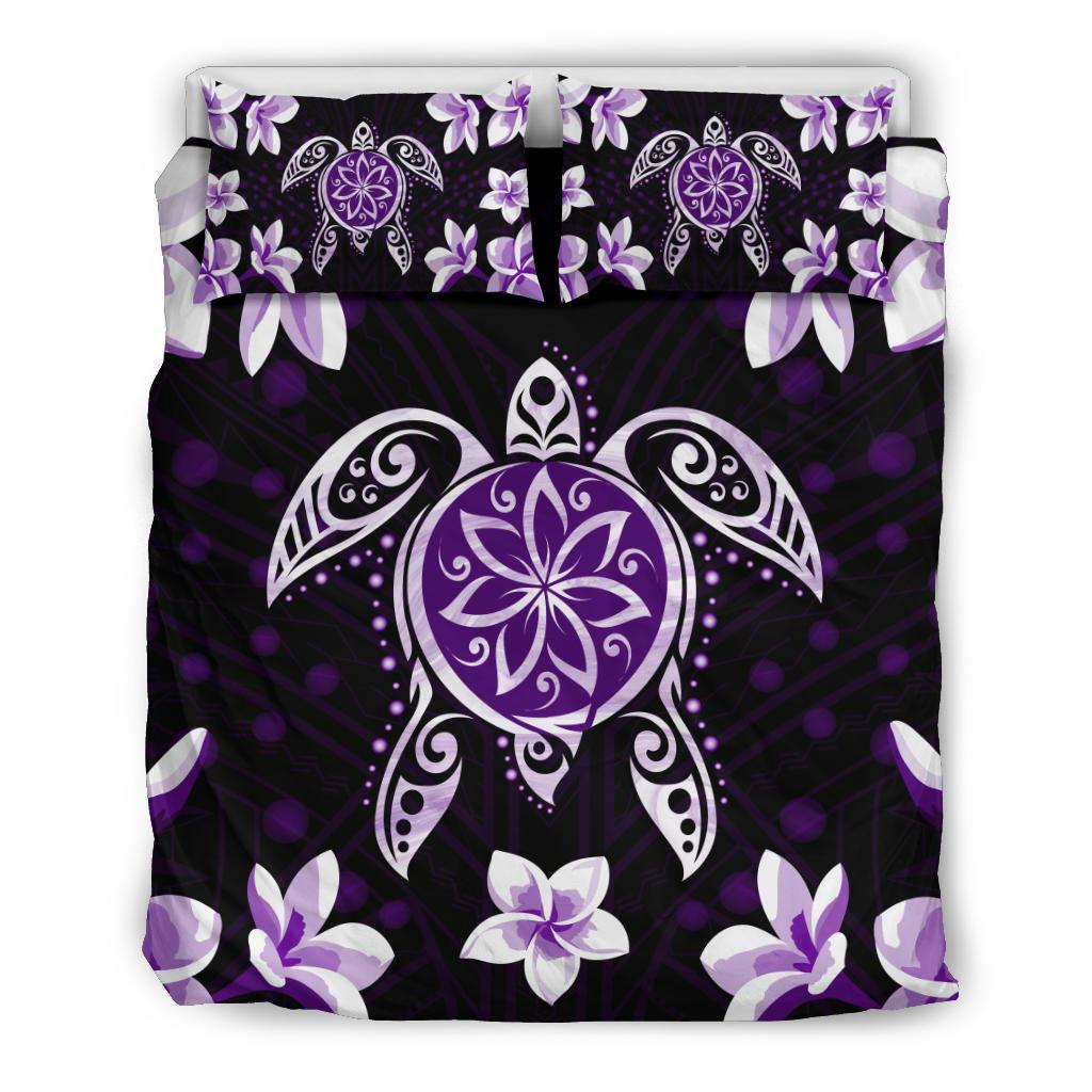 Hawaiian Violet Turtle Plumeria Bedding Set Black - Polynesian Pride