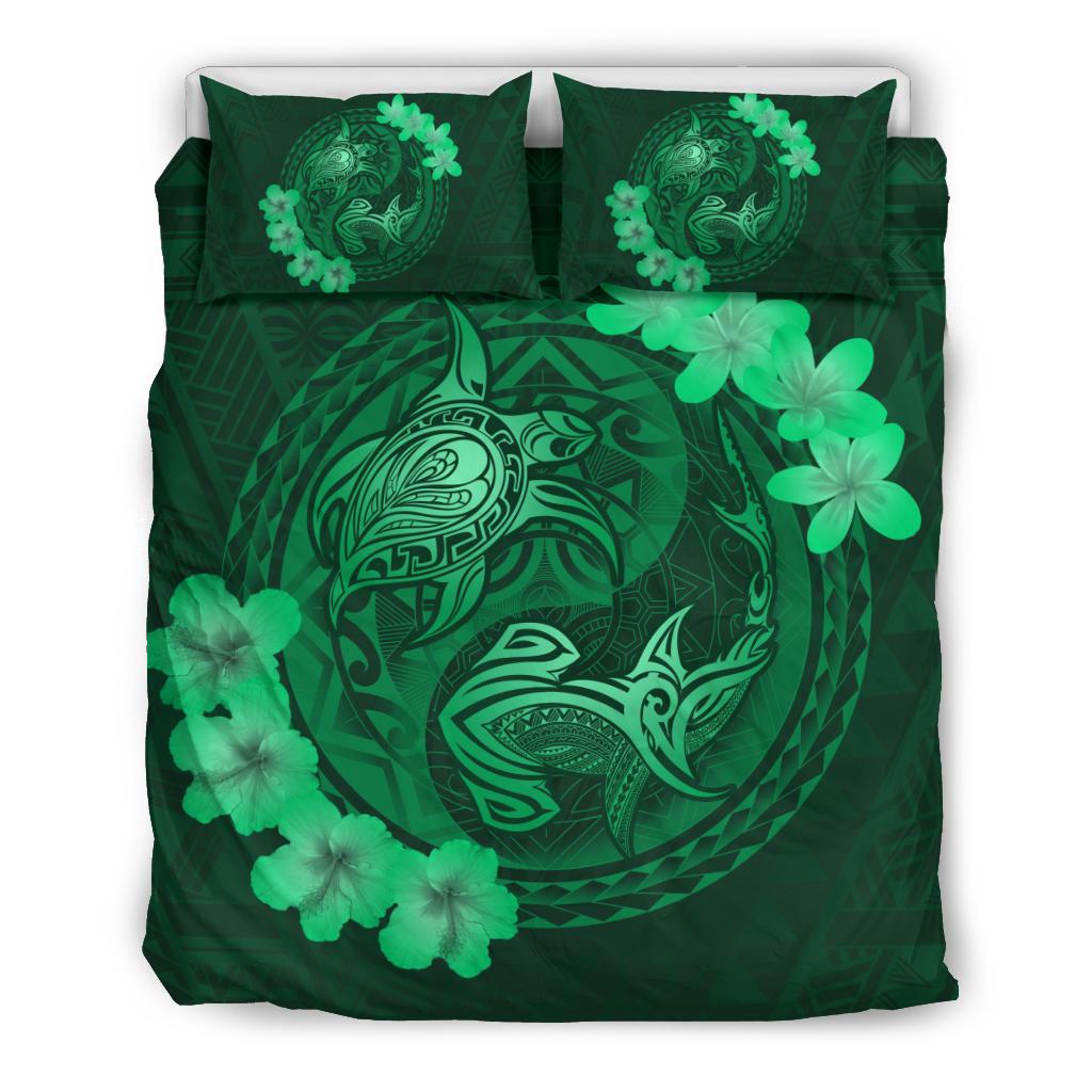 Hawaii Yin Yang Turtle Shark Hibiscus Plumeria Bedding Set - Green Bedding Set Green - Polynesian Pride