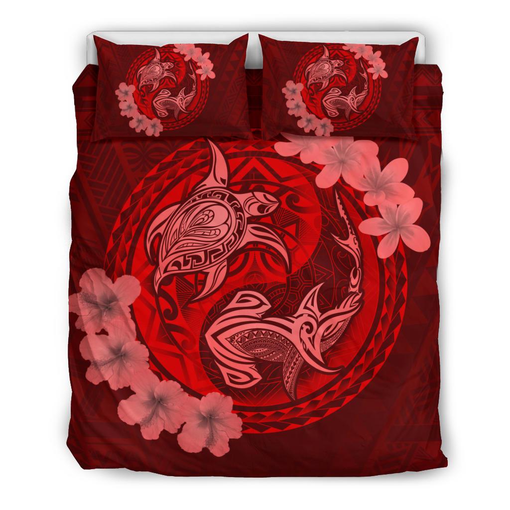 Hawaii Yin Yang Turtle Shark Hibiscus Plumeria Bedding Set - Red Red - Polynesian Pride