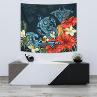 Hawaii Turtle Shark Manta Ray Hibiscus Plumeria Tapestry Wall Tapestry Small 60" x 51" Blue - Polynesian Pride