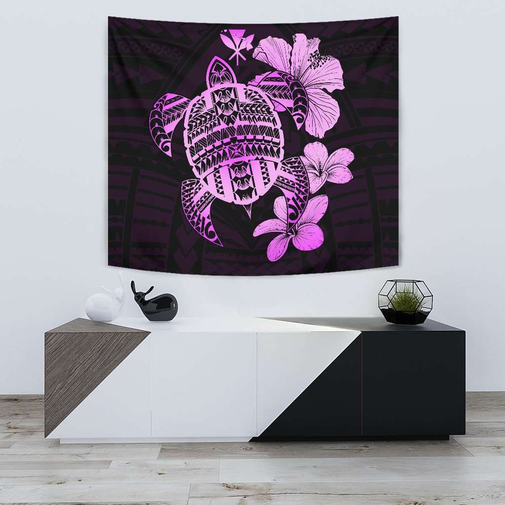 Hawaiian Kanaka Hibiscus Plumeria Mix Polynesian Turtle Tapestry Pink AH - Polynesian Pride
