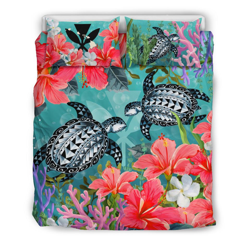 Kanaka Maoli (Hawaiian) Bedding Set - Polynesian Turtle Hibiscus And Seaweed Blue - Polynesian Pride