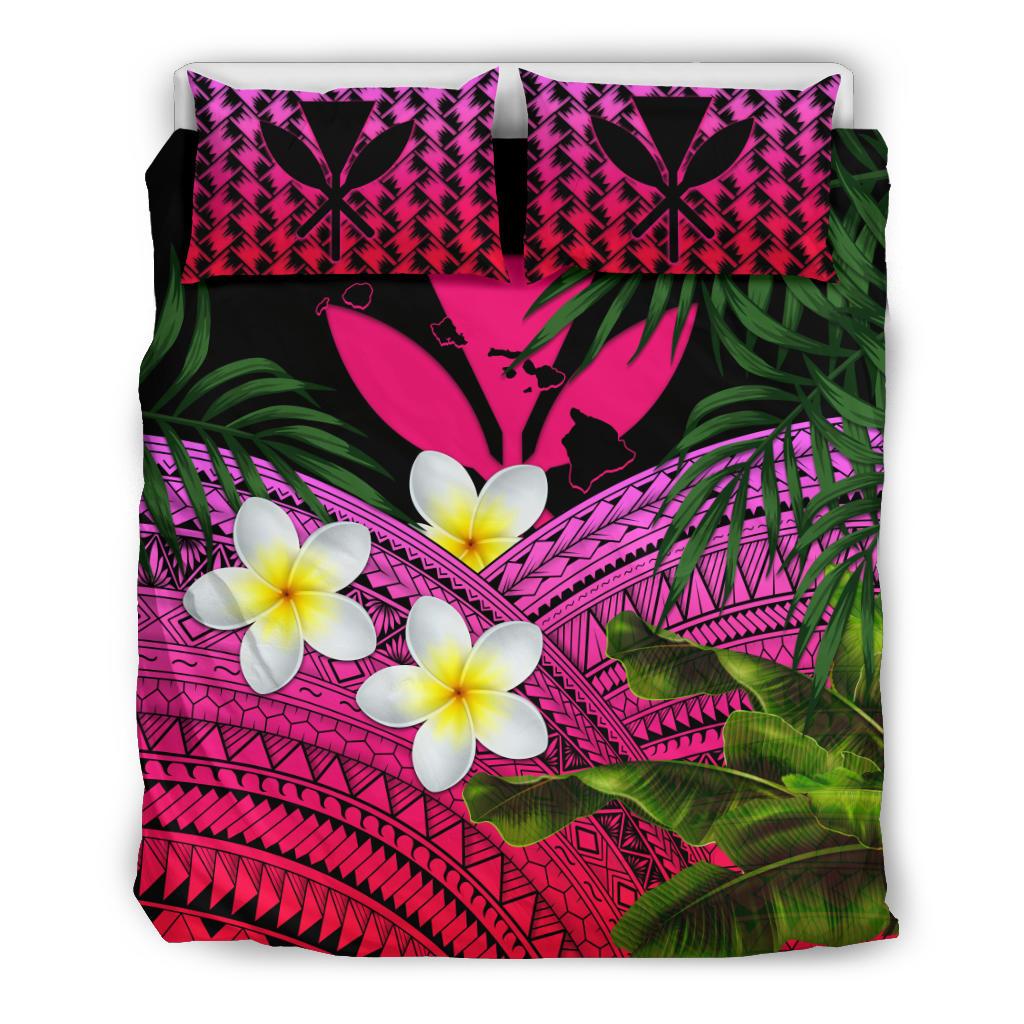 Kanaka Maoli (Hawaiian) Bedding Set, Polynesian Plumeria Banana Leaves Pink Pink - Polynesian Pride