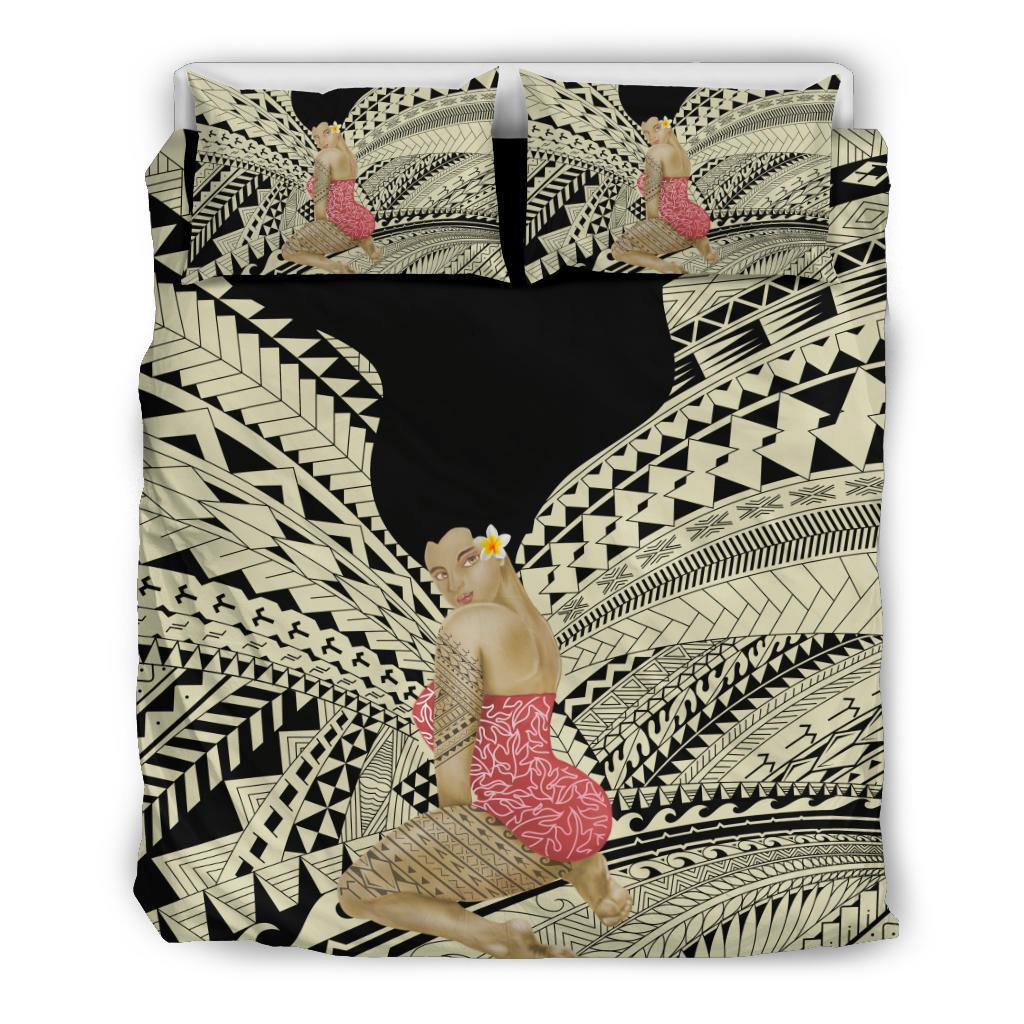 Hawaii Polynesian Hula Girl Wearing Plumeria Bedding Set Beige - Polynesian Pride