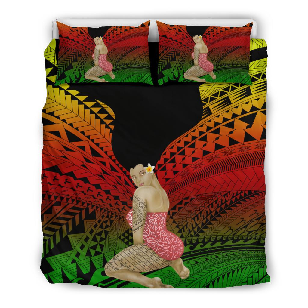 Hawaii Polynesian Hula Girl Wearing Plumeria Bedding Set Reggae Black - Polynesian Pride