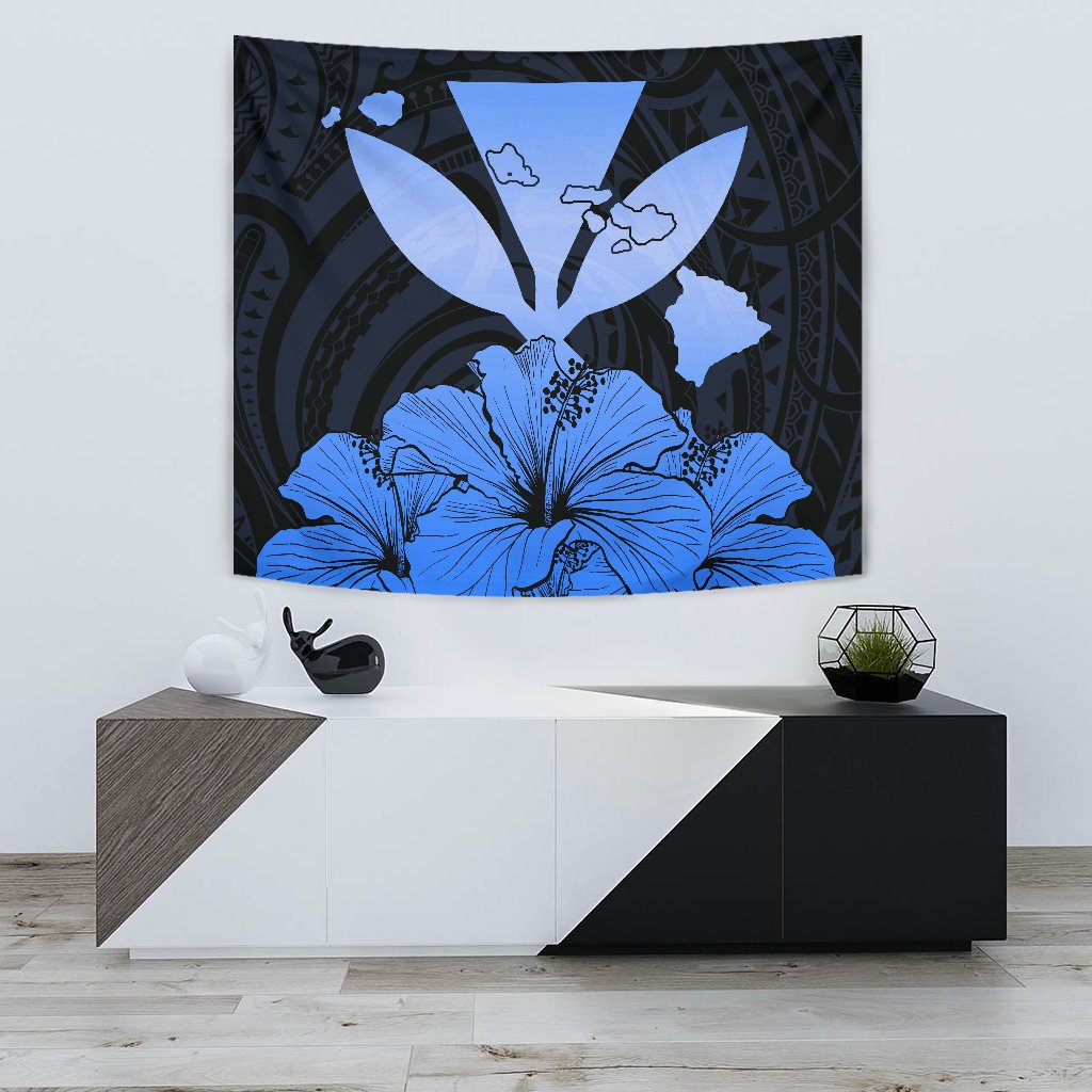 Hawaiian Kanaka Tapestry Hibiscus Polynesian Love Blue Wall Tapestry Small 60" x 51" Blue - Polynesian Pride