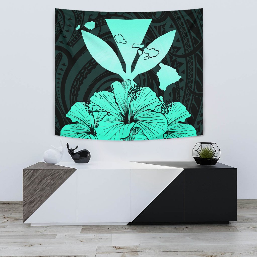 Hawaiian Kanaka Tapestry Hibiscus Polynesian Love Turquoise Wall Tapestry Small 60" x 51" Turquoise - Polynesian Pride