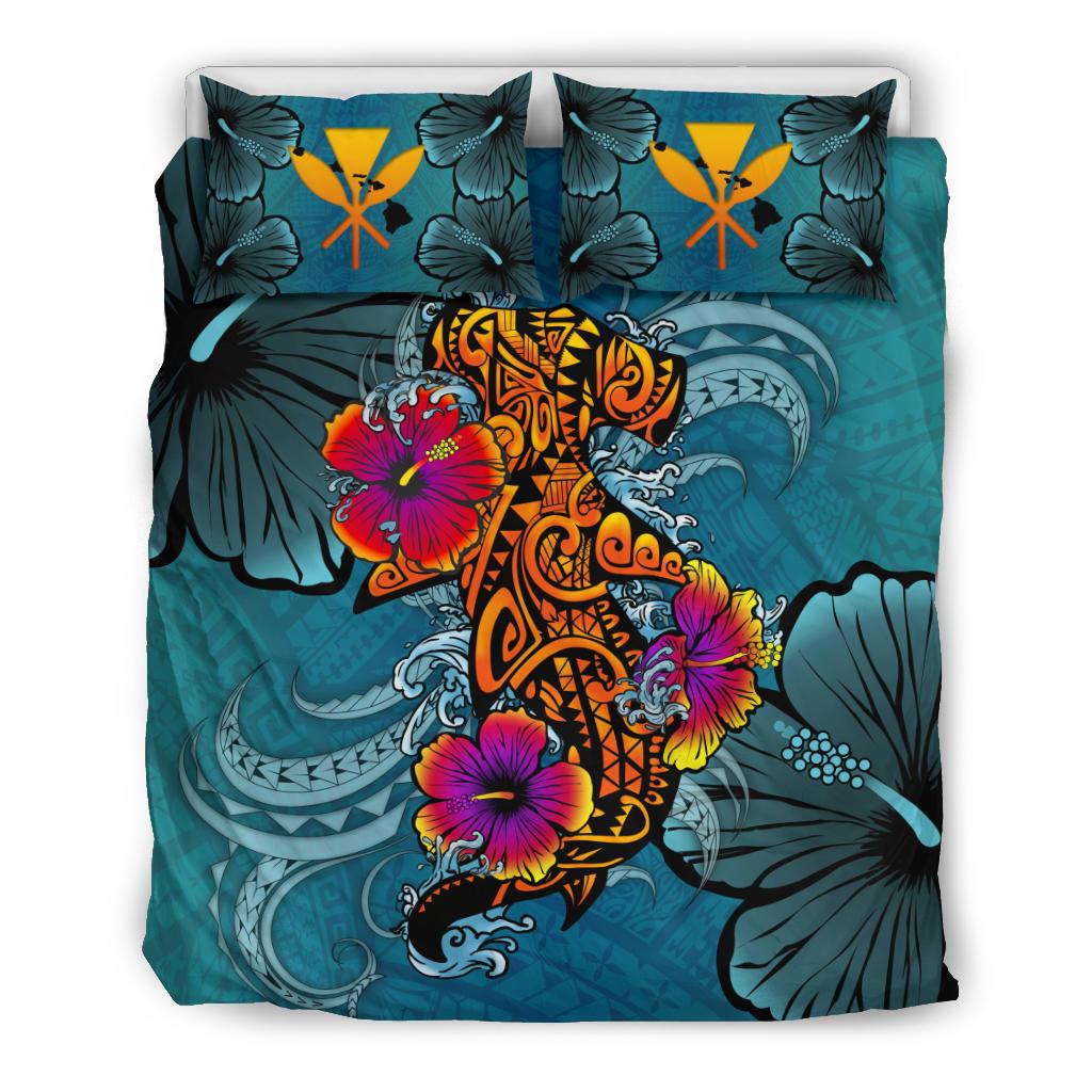 Kanaka Maoli (Hawaiian) Bedding Set - Polynesian Hammerhead Shark Hibiscus Blue - Polynesian Pride