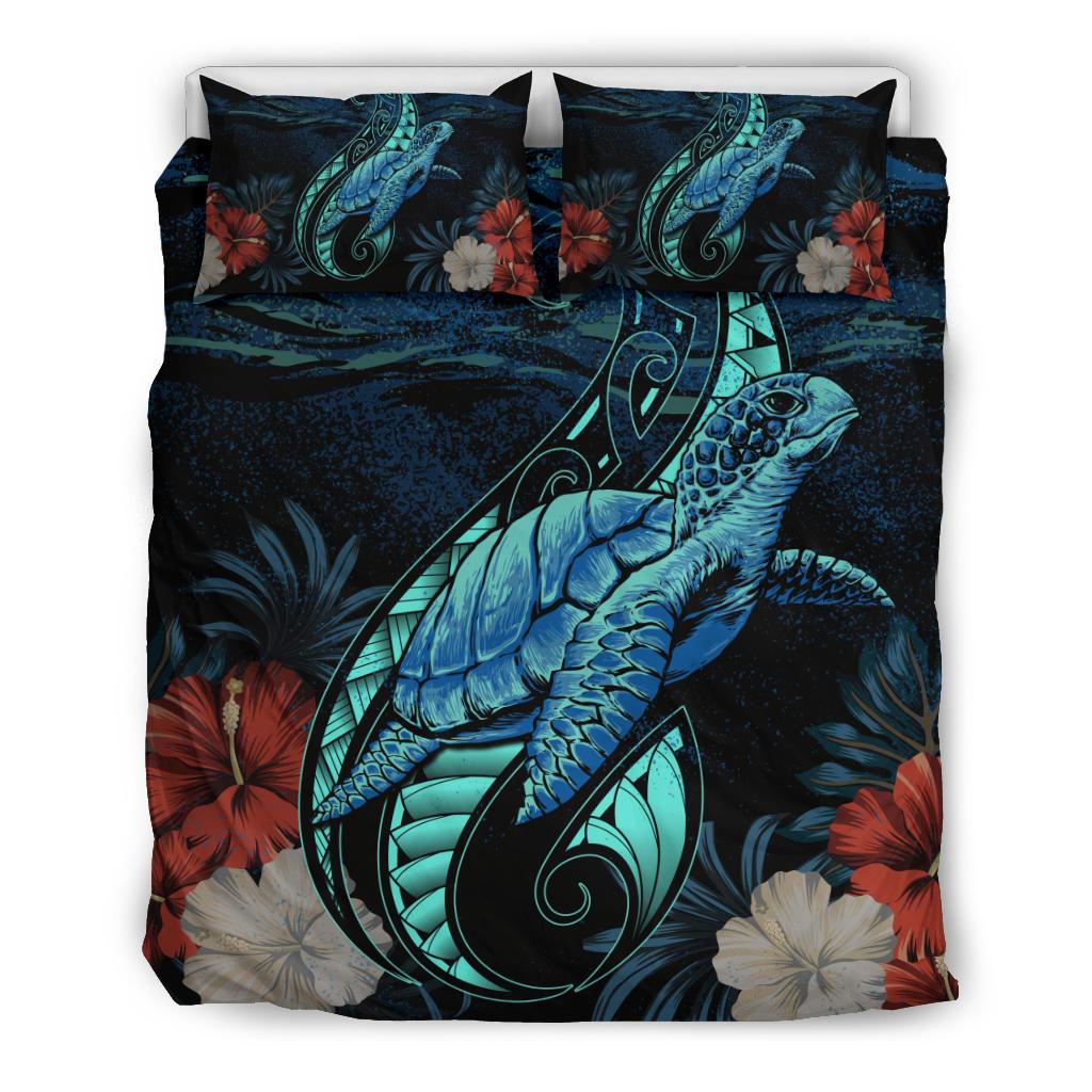 Hawaii Bedding Set - Hawaii Polynesian Honu Sea Hibiscus Bedding Set Black - Polynesian Pride