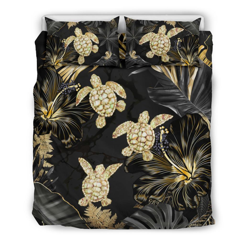 Hawaii Bedding Set - Golden Tropical Turtle Bedding Set AH Black - Polynesian Pride