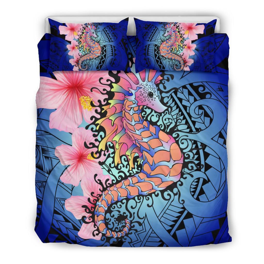 Hawaii Polynesian Pink Hibiscus Seahorse Bedding Set Blue - Polynesian Pride