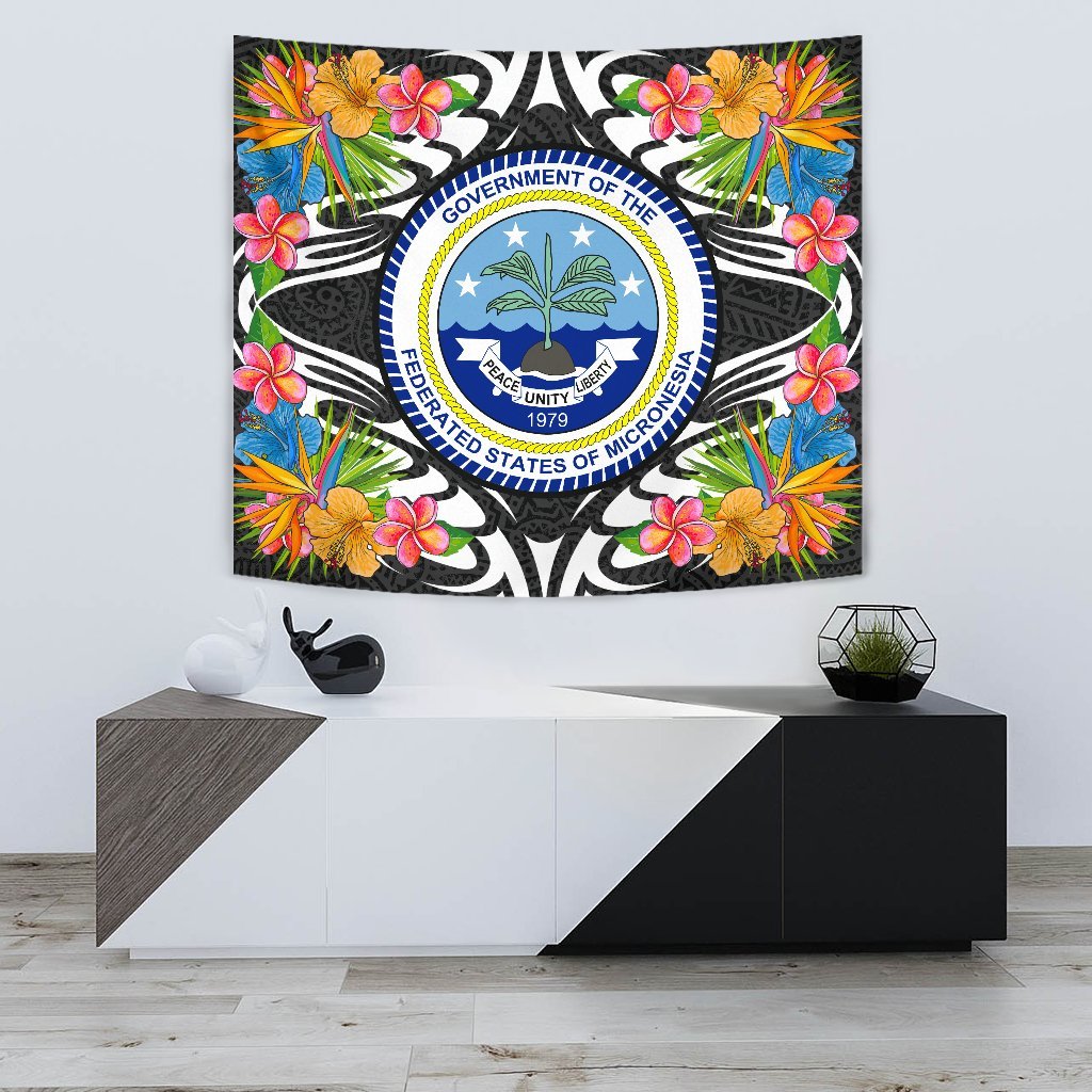 Federated States of Micronesia Tapestrys - Tropical Flowers Style Wall Tapestry - Federated States of Micronesia Small 60" x 51" Black - Polynesian Pride