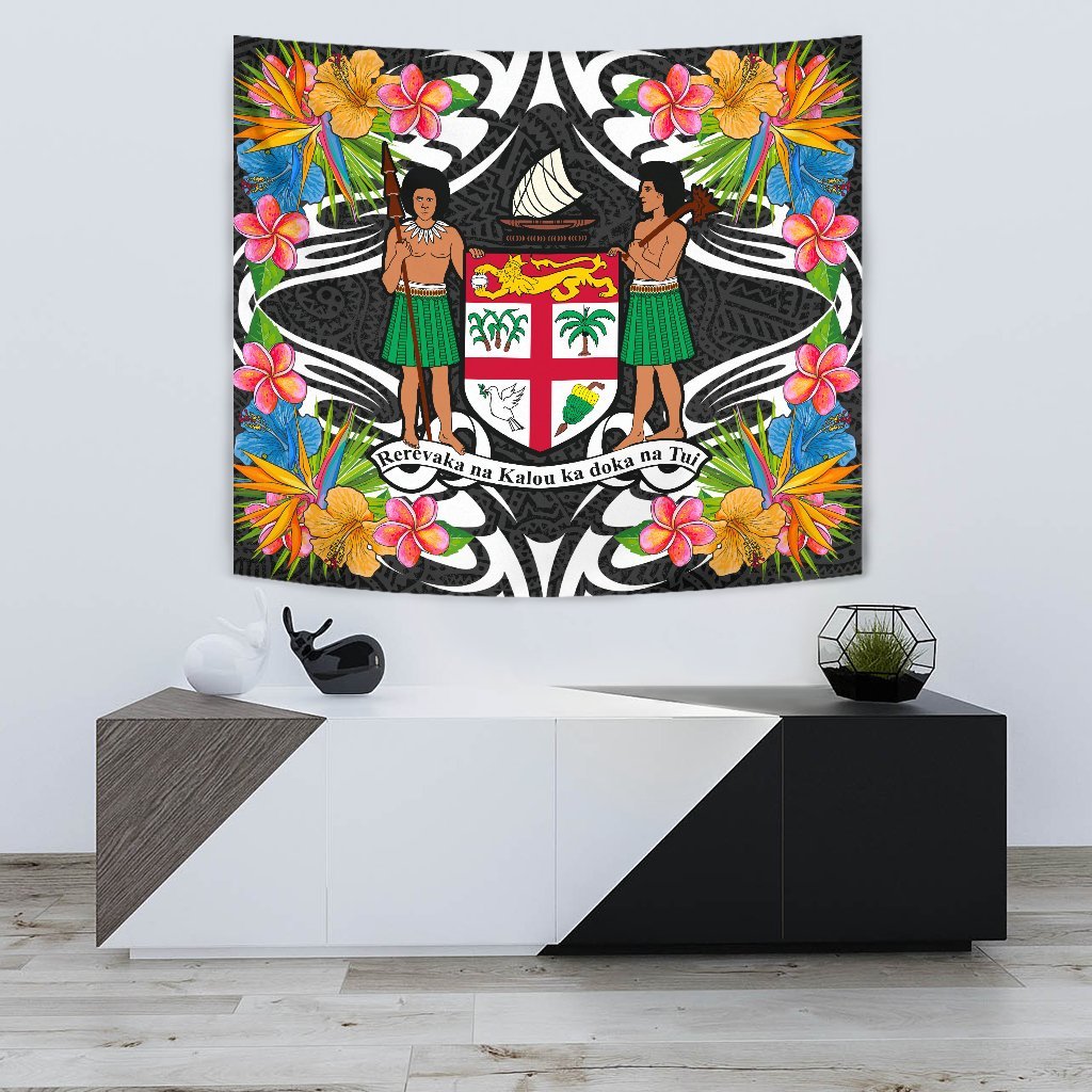 Fiji Tapestrys - Tropical Flowers Style Wall Tapestry - Fiji Small 60" x 51" Black - Polynesian Pride