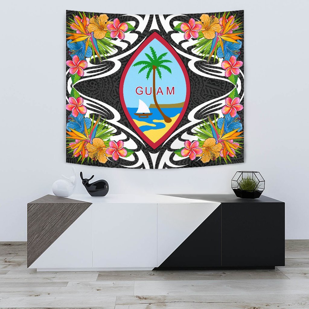 Guam Tapestrys - Tropical Flowers Style Wall Tapestry - Guam Small 60" x 51" Black - Polynesian Pride