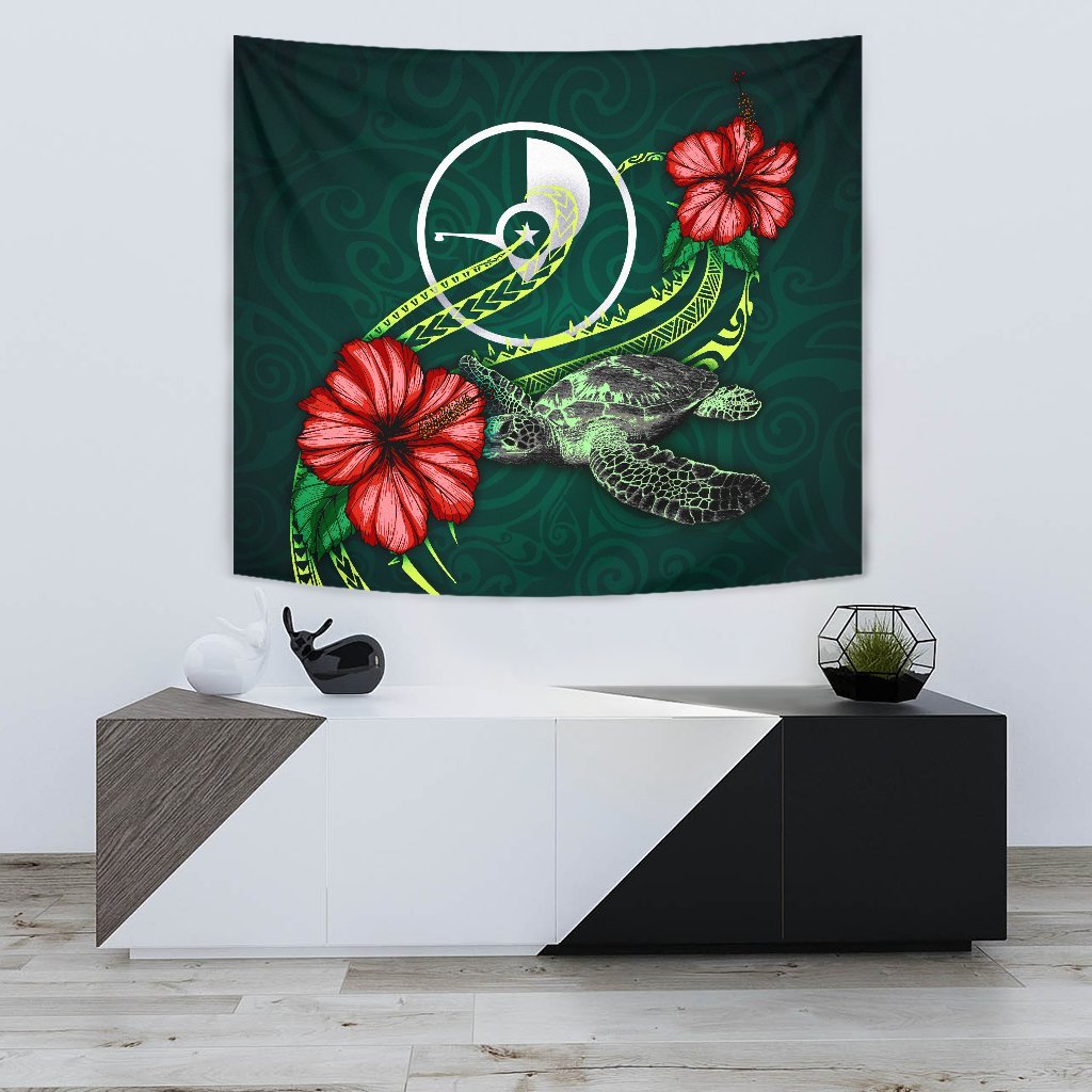 Yap Micronesia Tapestry - Green Turtle Hibiscus One Style Small 60" x 51" Green - Polynesian Pride