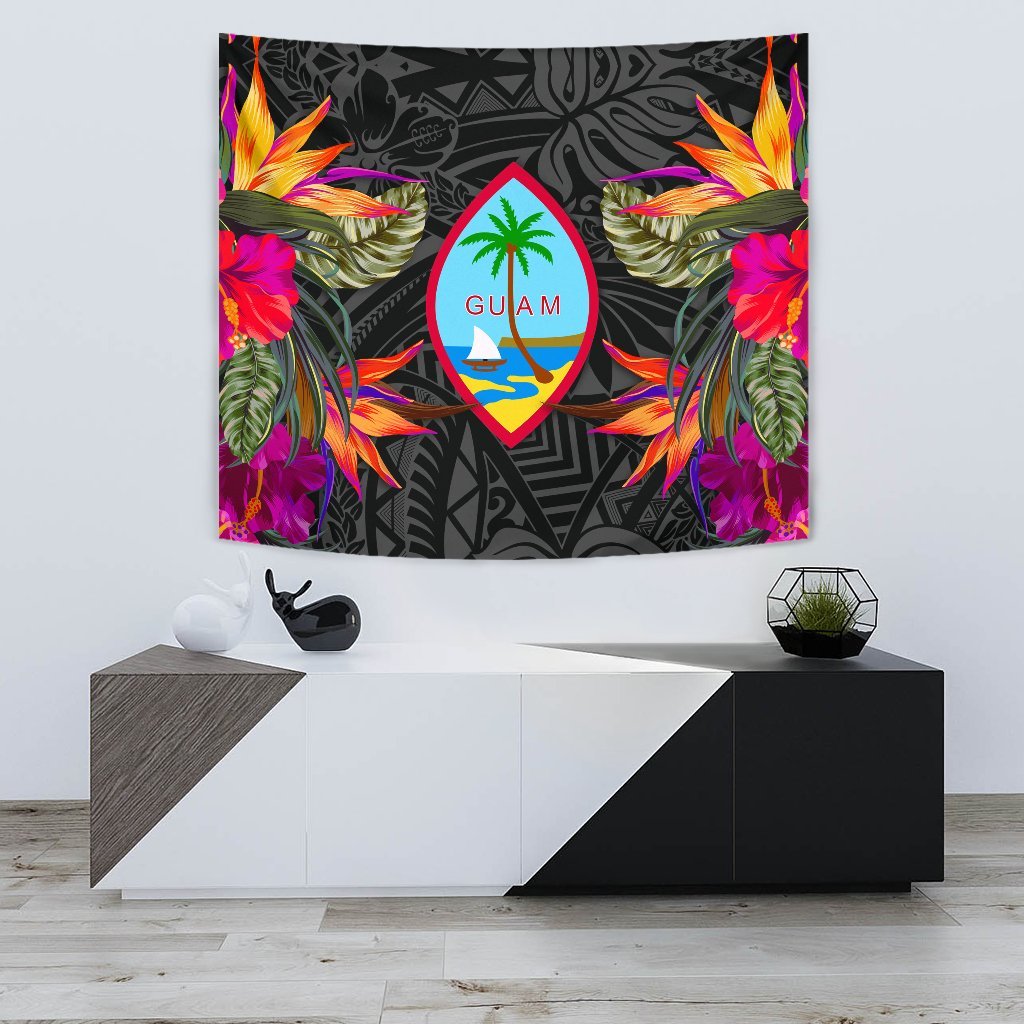 Guam Slide Tapestry - Polynesian Hibiscus Pattern Wall Tapestry Small 60" x 51" Black - Polynesian Pride