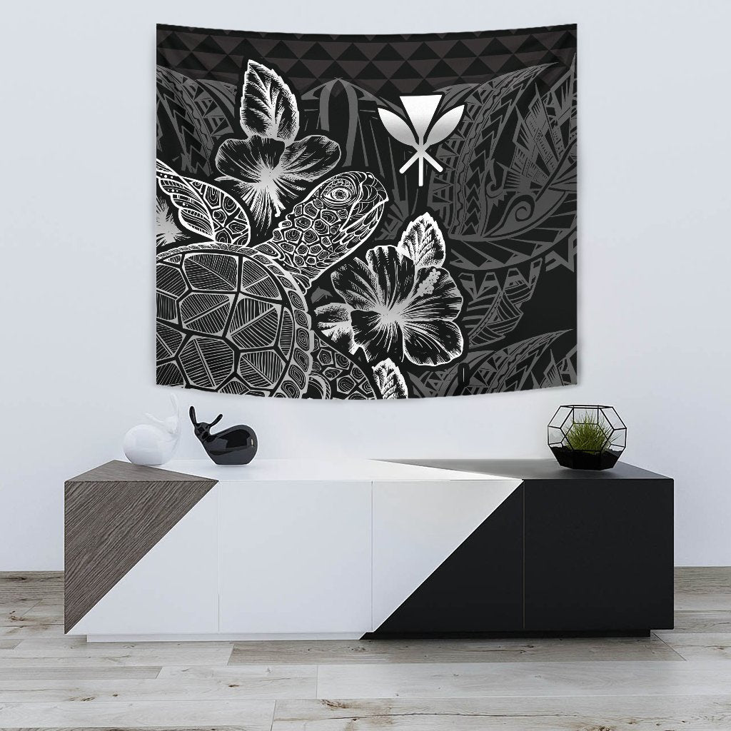Polynesian Hawaii Tapestry - Turtle Hibiscus Pattern Black Wall Tapestry Small 60" x 51" Black - Polynesian Pride