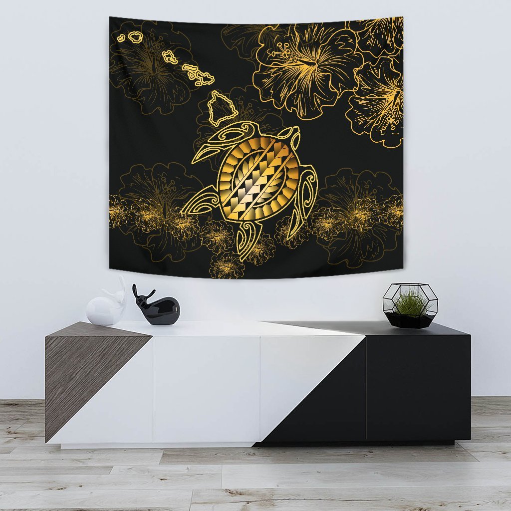 Hawaiian Turtle Hibiscus - Tapestry - Flora Style Wall Tapestry Small 60" x 51" Black - Polynesian Pride