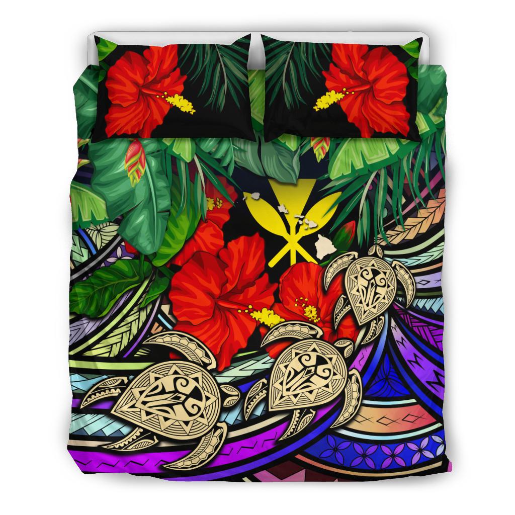 Kanaka Maoli (Hawaiian) Bedding Set - Polynesia Turtle Colorful And Hibiscus Art - Polynesian Pride