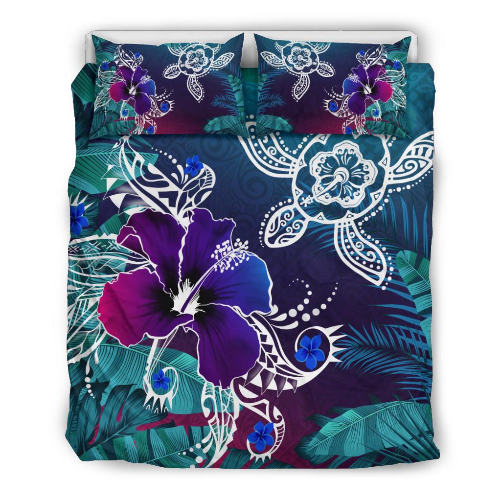 Hawaii Bedding Set - Hawaii Turtle Flowers And Palms Retro Green - Polynesian Pride