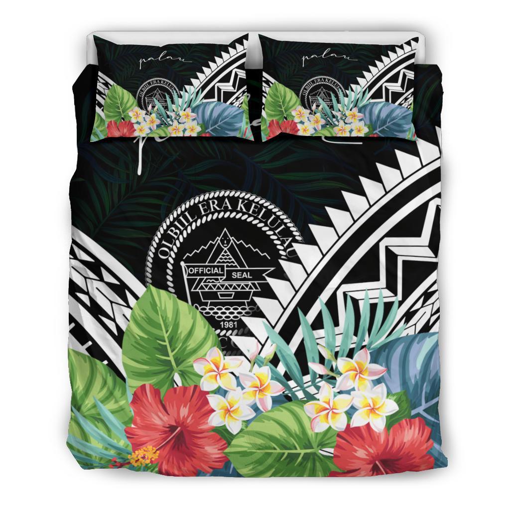Palau Bedding Set - Palau Coat of Arms & Polynesian Tropical Flowers White - Polynesian Pride
