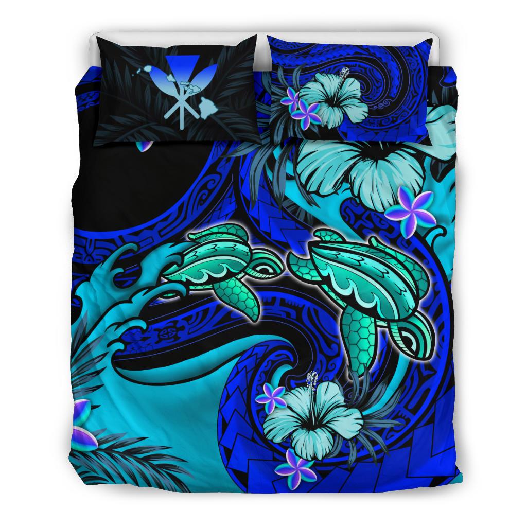 Kanaka Maoli (Hawaiian) Bedding Set Wave Polynesian Turtle Hibiscus Blue - Polynesian Pride