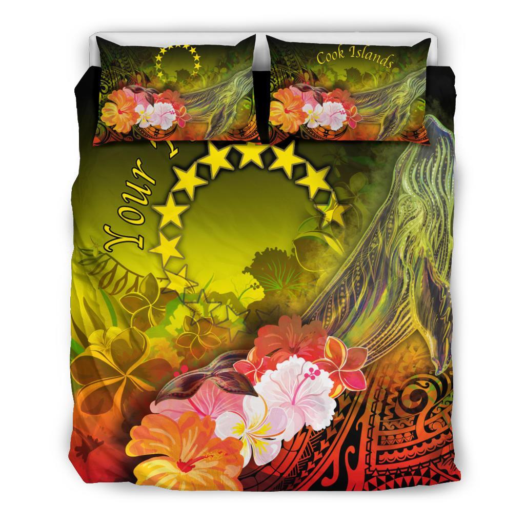 Cook Islands Custom Personalised Bedding Set - Humpback Whale with Tropical Flowers (Yellow) - Polynesian Pride