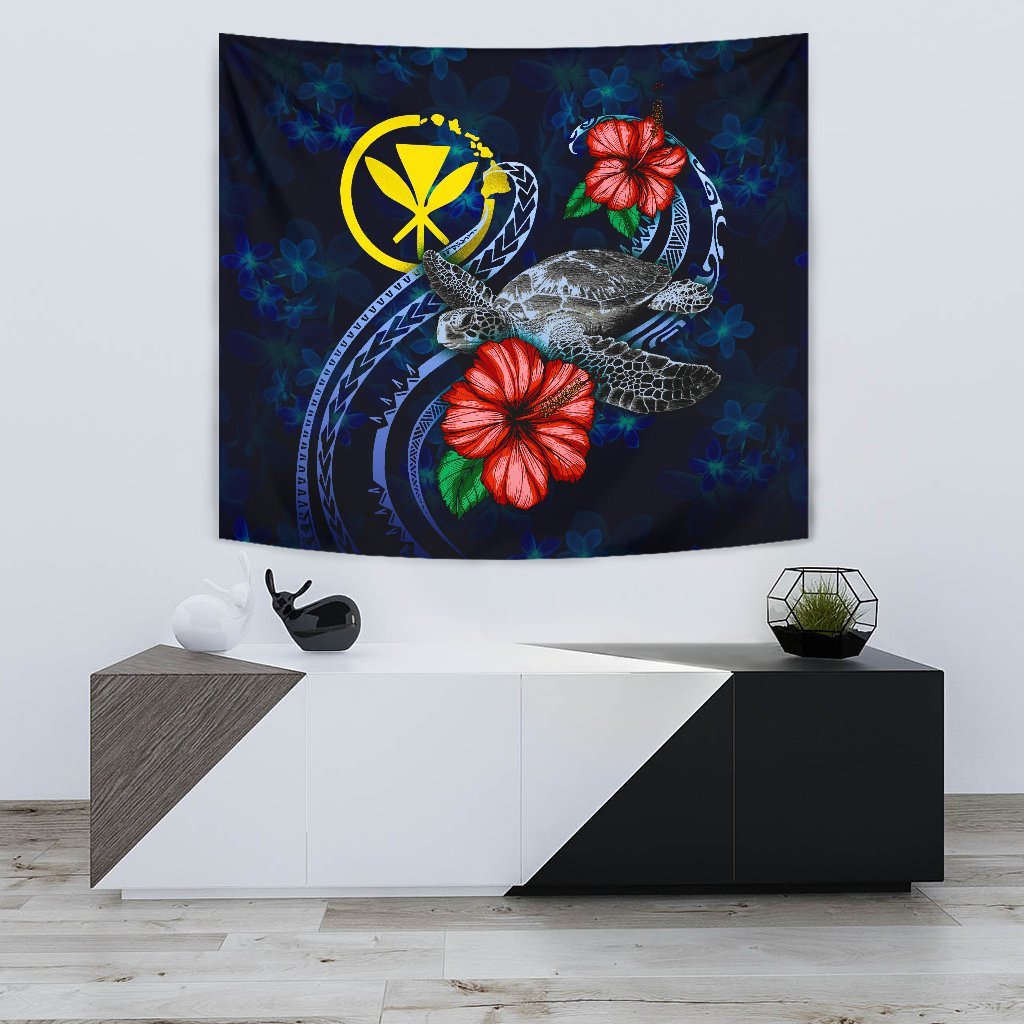 Hawaii Polynesian Tapestry - Blue Turtle Hibiscus One Style Small 60" x 51" Blue - Polynesian Pride