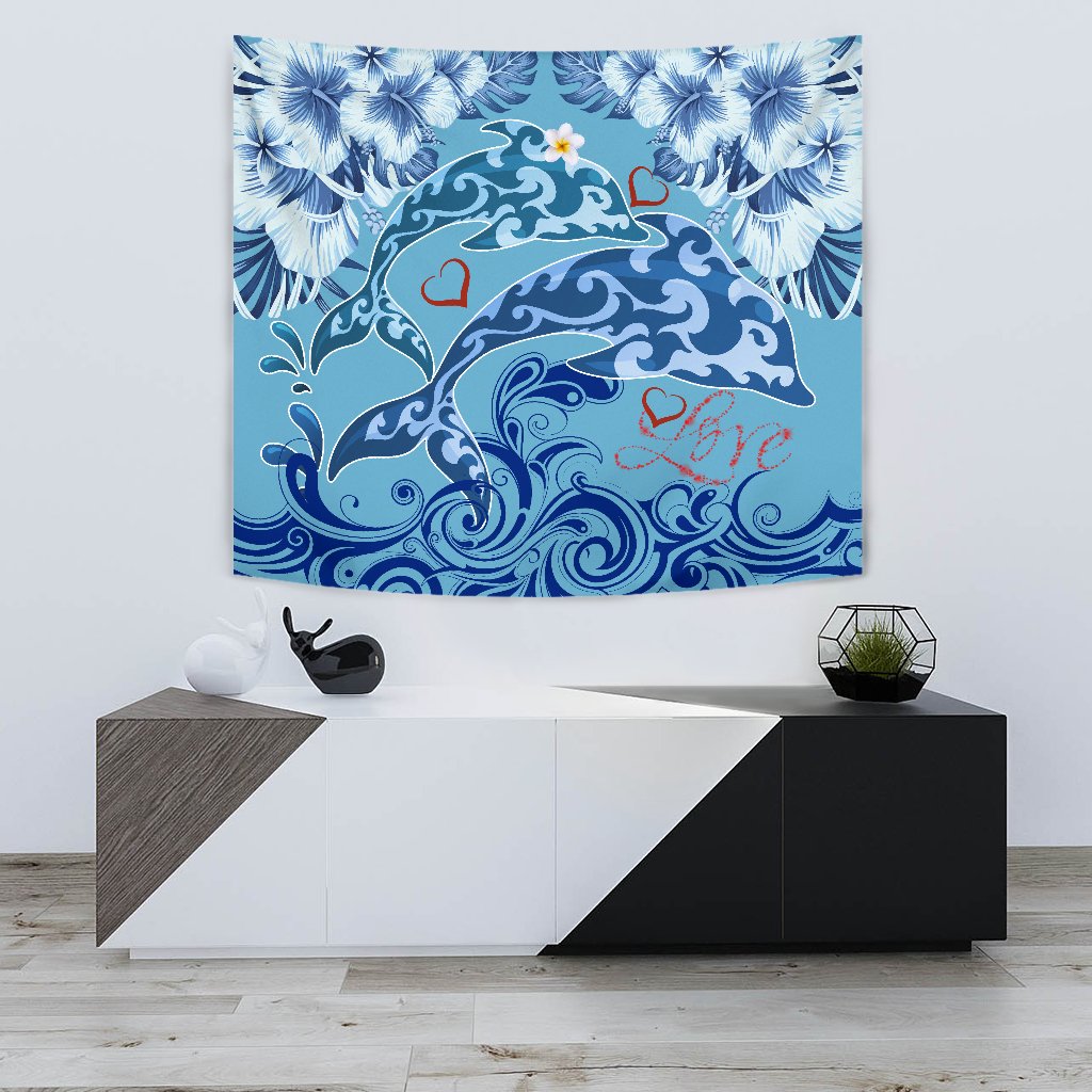 Hawaii Dolphin Couple Valentine's Hibiscus Tapestry - Tender Style - AH Wall Tapestry 75cm*90cm Blue - Polynesian Pride