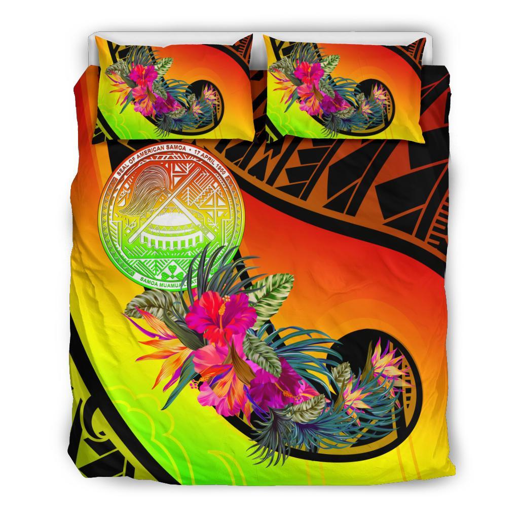 American Samoa Bedding Set - Polynesian Hook And Hibiscus (Raggae) - Polynesian Pride