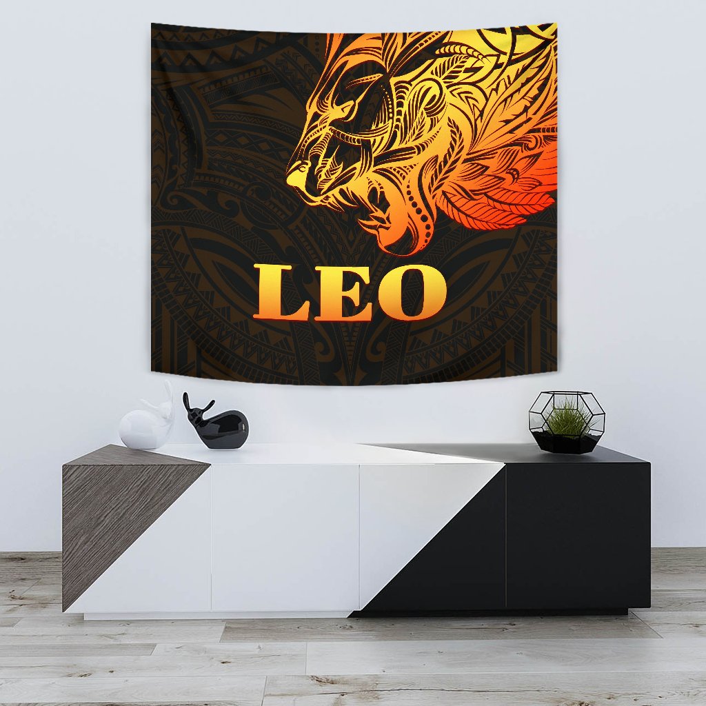 Sun In Leo Zodiac Tapestry Polynesian Tattoo Simple - Orange Black Wall Tapestry Small 60" x 51" Orange - Polynesian Pride