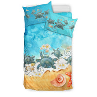 Hawaiian Duvet Cover Set - Plumeria Turtles On Beach - Polynesian Pride
