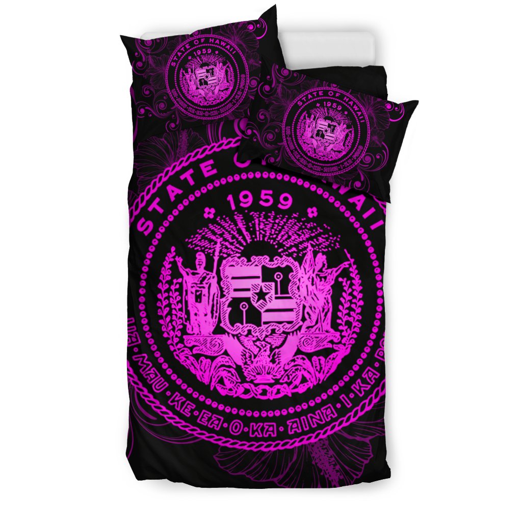 Hawaiian Hibiscus Flag Coat Of Arms Polynesian Bedding Set Pink - Royal Style - Polynesian Pride