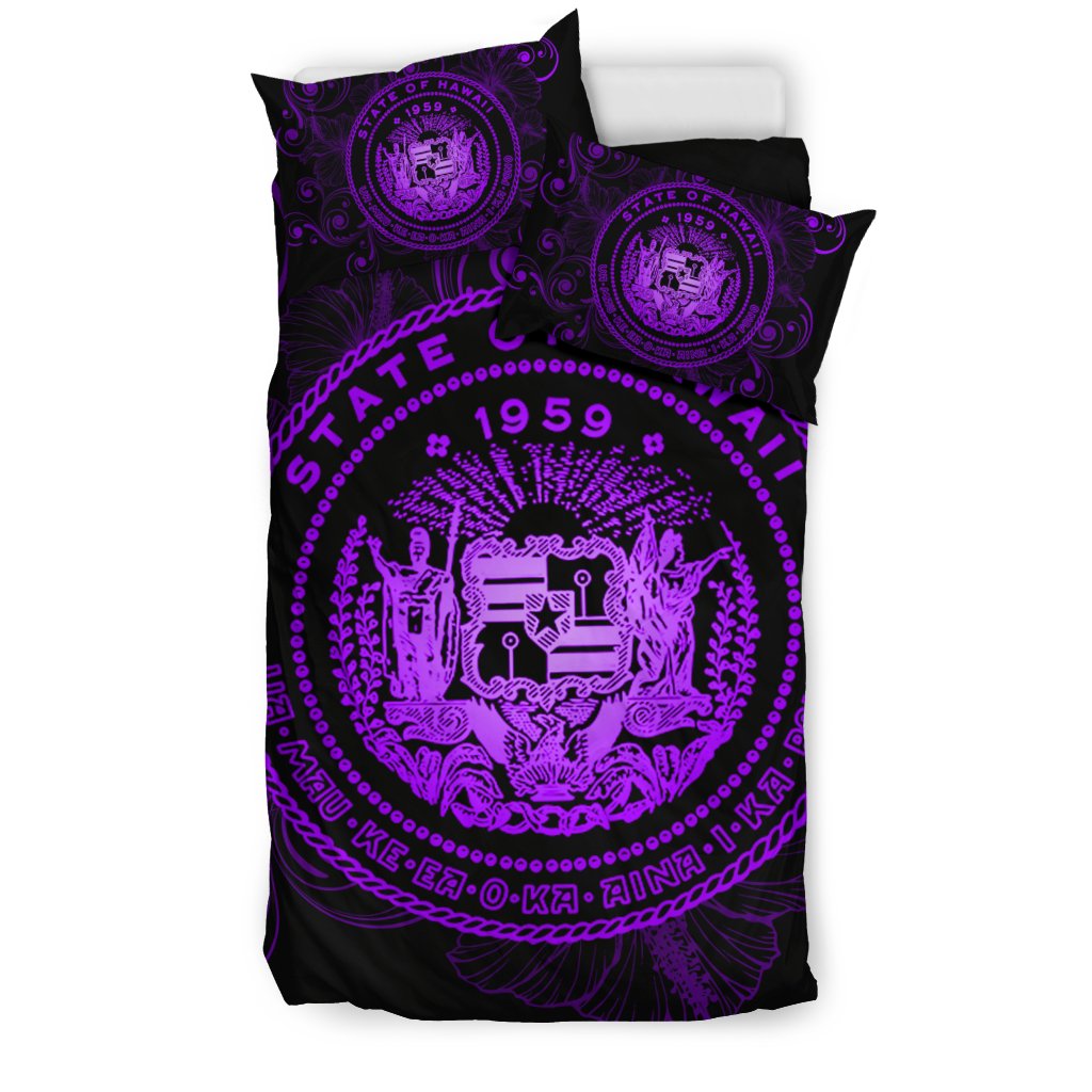 Hawaiian Hibiscus Flag Coat Of Arms Polynesian Bedding Set Violet - Royal Style - Polynesian Pride