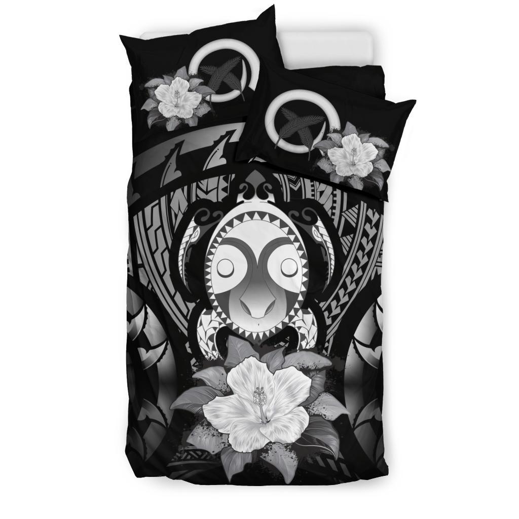 Vanuatu Duvet Cover Set - Turtle Tiki Face & Gray Hibiscus - Polynesian Pride