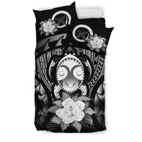 Vanuatu Duvet Cover Set - Turtle Tiki Face & Gray Hibiscus - Polynesian Pride