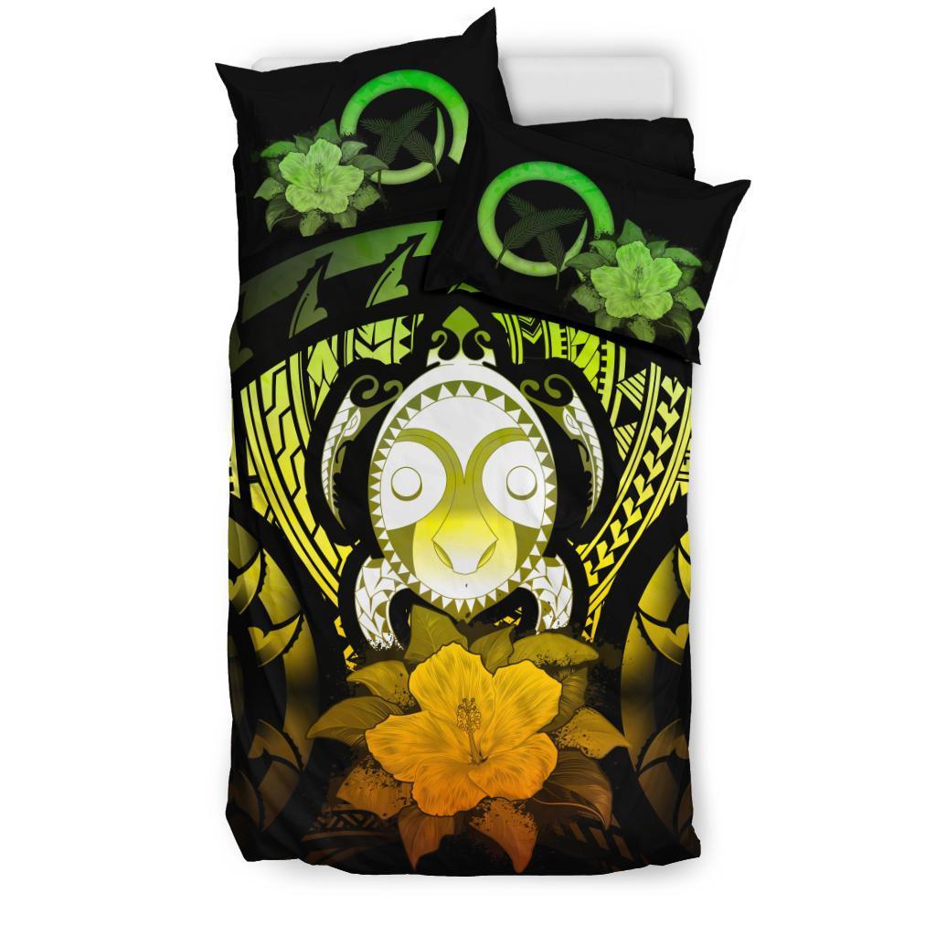 Vanuatu Duvet Cover Set - Turtle Tiki Face & Reggae Hibiscus - Polynesian Pride