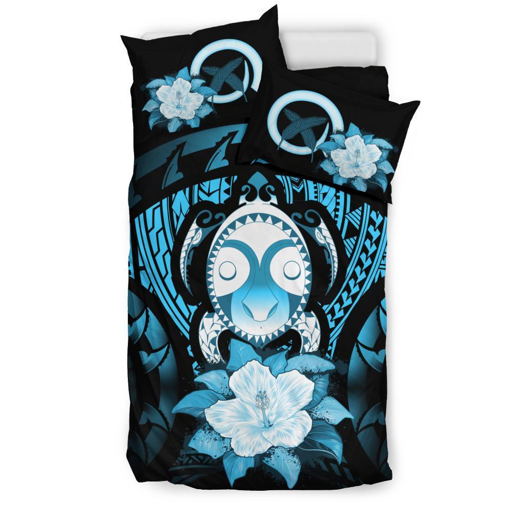 Vanuatu Duvet Cover Set - Turtle Tiki Face &Turquoise Hibiscus - Polynesian Pride