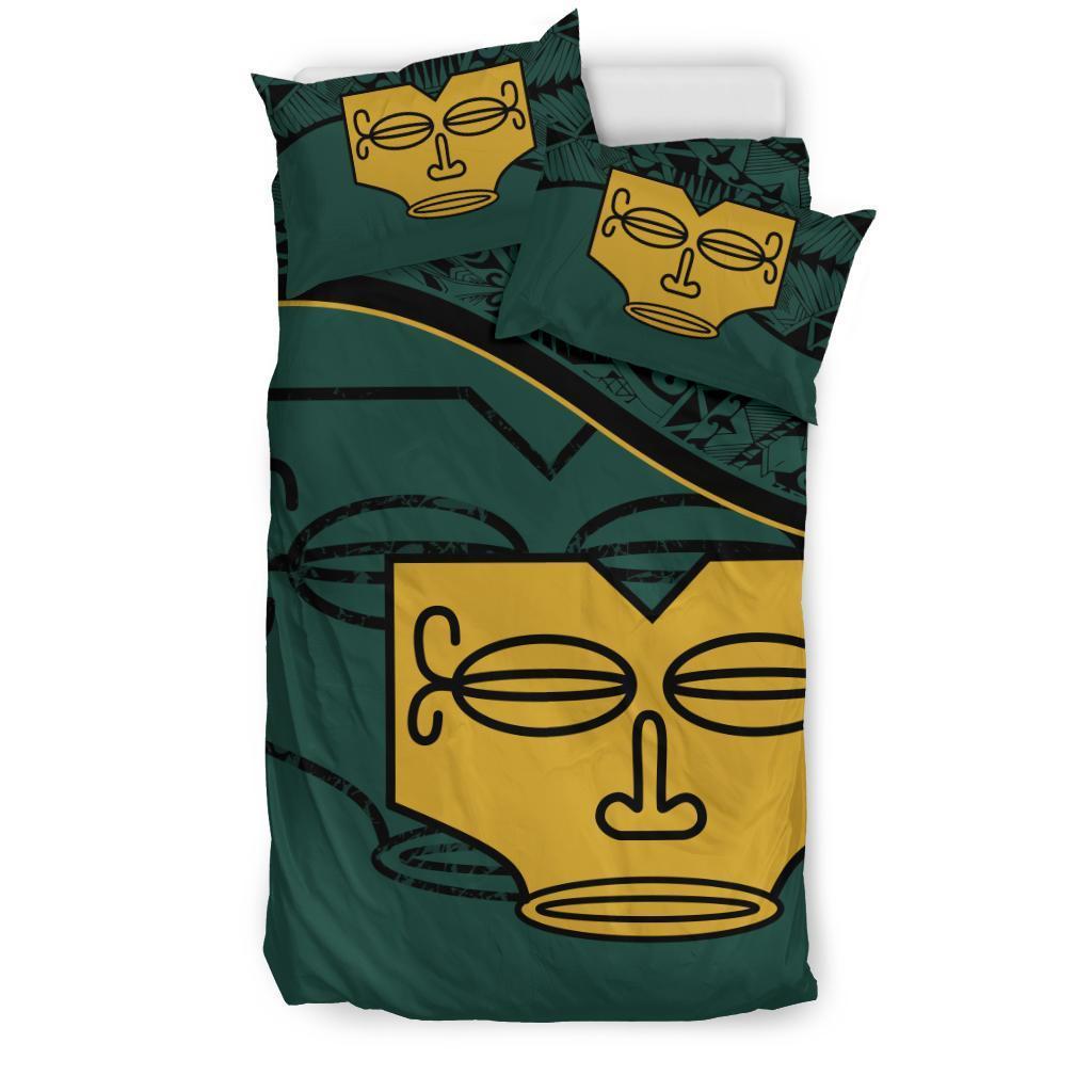 Marquesas Islands Duvet Cover Set - Tiki Face Pattern Dark Green - Polynesian Pride