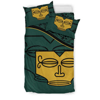 Marquesas Islands Duvet Cover Set - Tiki Face Pattern Dark Green - Polynesian Pride