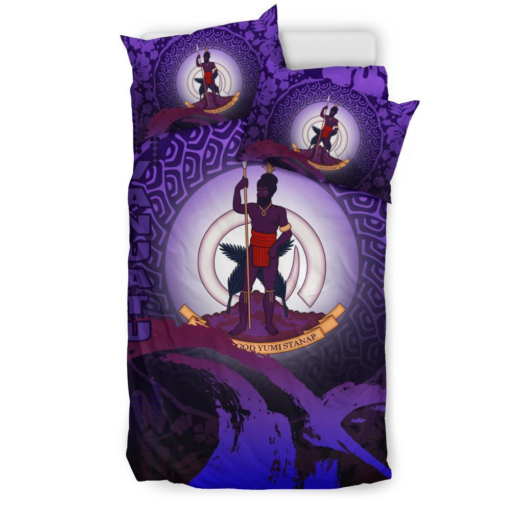 Vanuatu Duvet Cover Set - Vanuatu Coat Of Arms Wave and Hibiscus Purple - Polynesian Pride