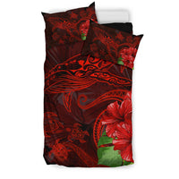 Hawaiian Hibiscus Whale Turtle Dance Polynesian Bedding Set - Red - Polynesian Pride