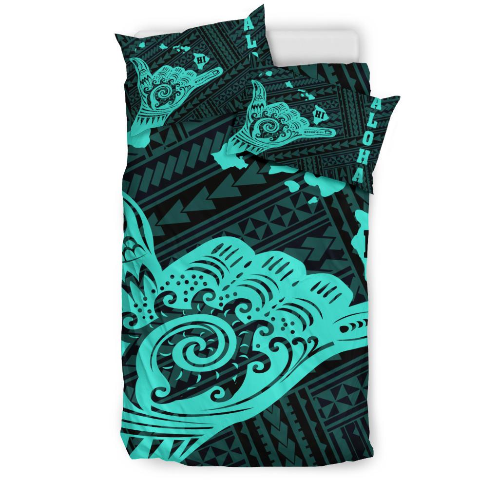 Hawaiian Shaka Aloha Map Polynesian Bedding Set Turquoise - Polynesian Pride